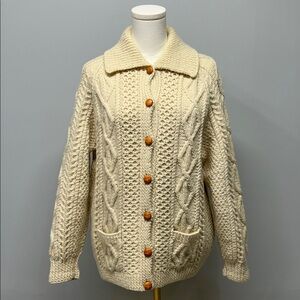 John Molloy Fisherman Sweater Irish Wool Cable Knit Cardigan Tan Chunky Cabin